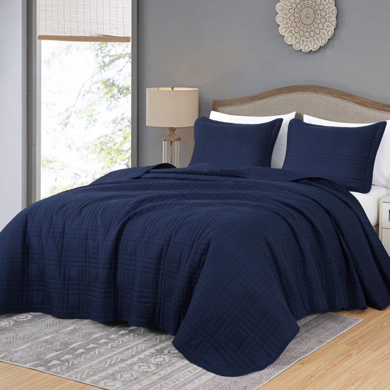 Chezmoi Collection Kingston Queen Size Bedspread Set, 3-Piece Navy Oversized Quilted Microfiber Lightweight Bedspread Coverlet (100"x106") for All Seasons - Image 1